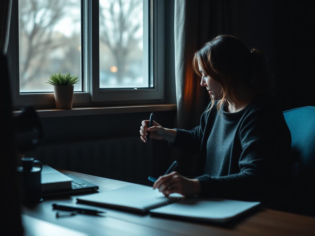 Person quietly journaling by a window in soft natural light