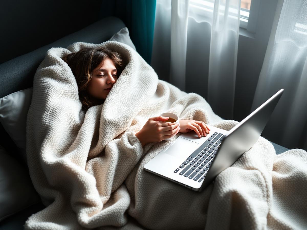 Person resting at home with a warm drink and laptop during a sick day